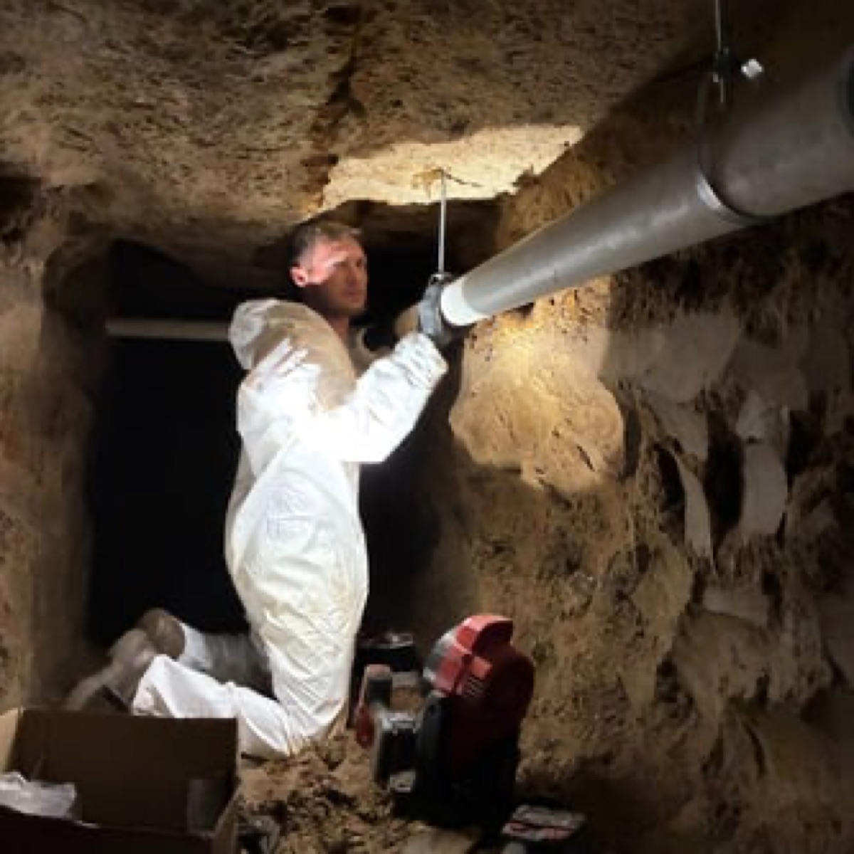 Team member working under a house