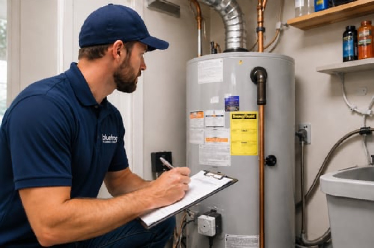 bluefrog plumber inspecting a residential water heater with a clipboard