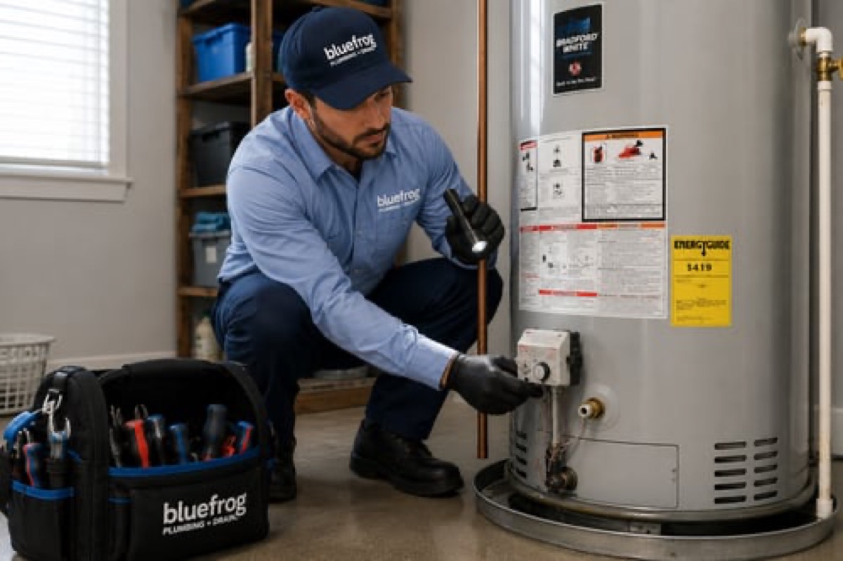 bluefrog plumber checking a traditional tank water heater
