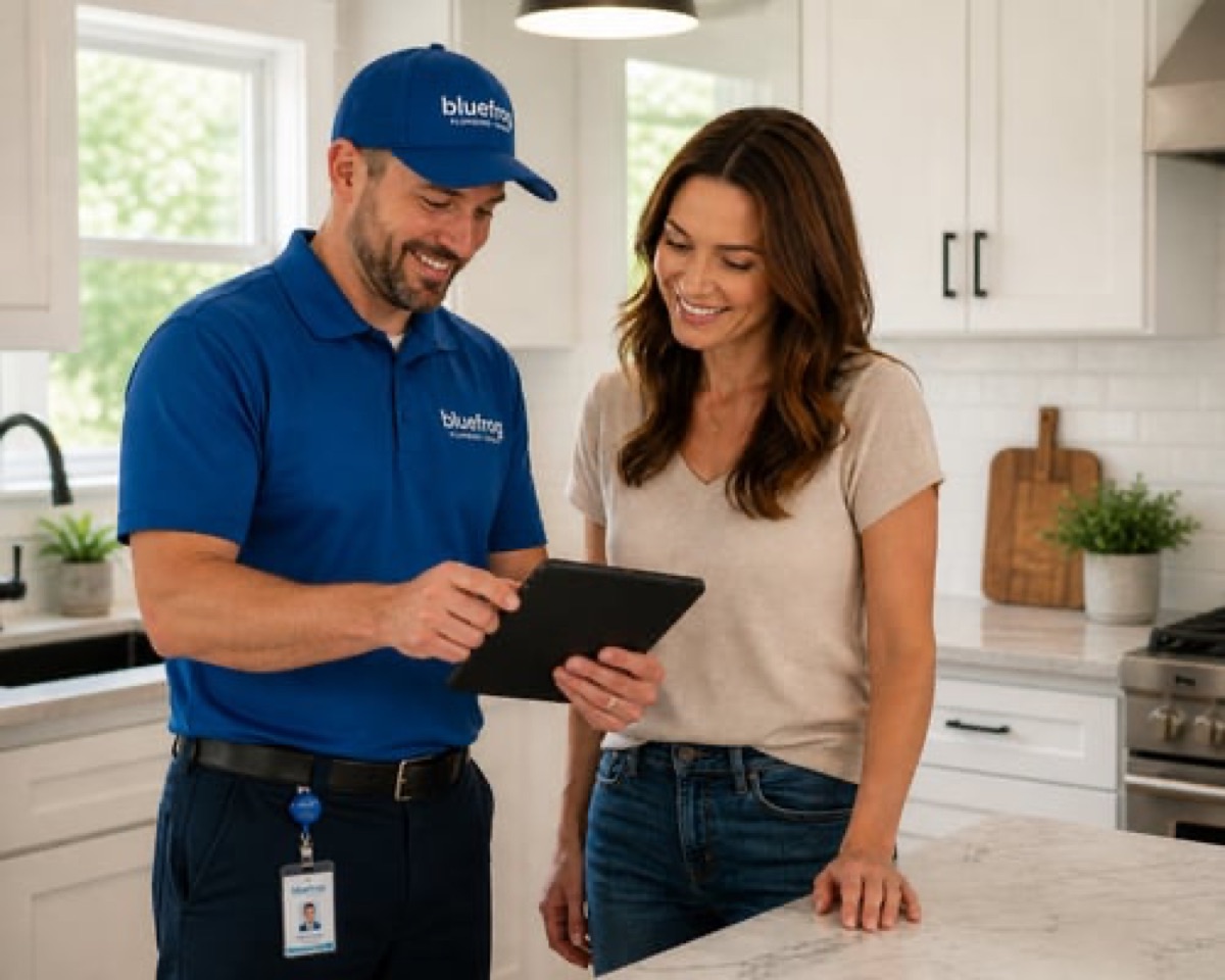 Plumber and homeowner reviewing an estimate in a kitchen
