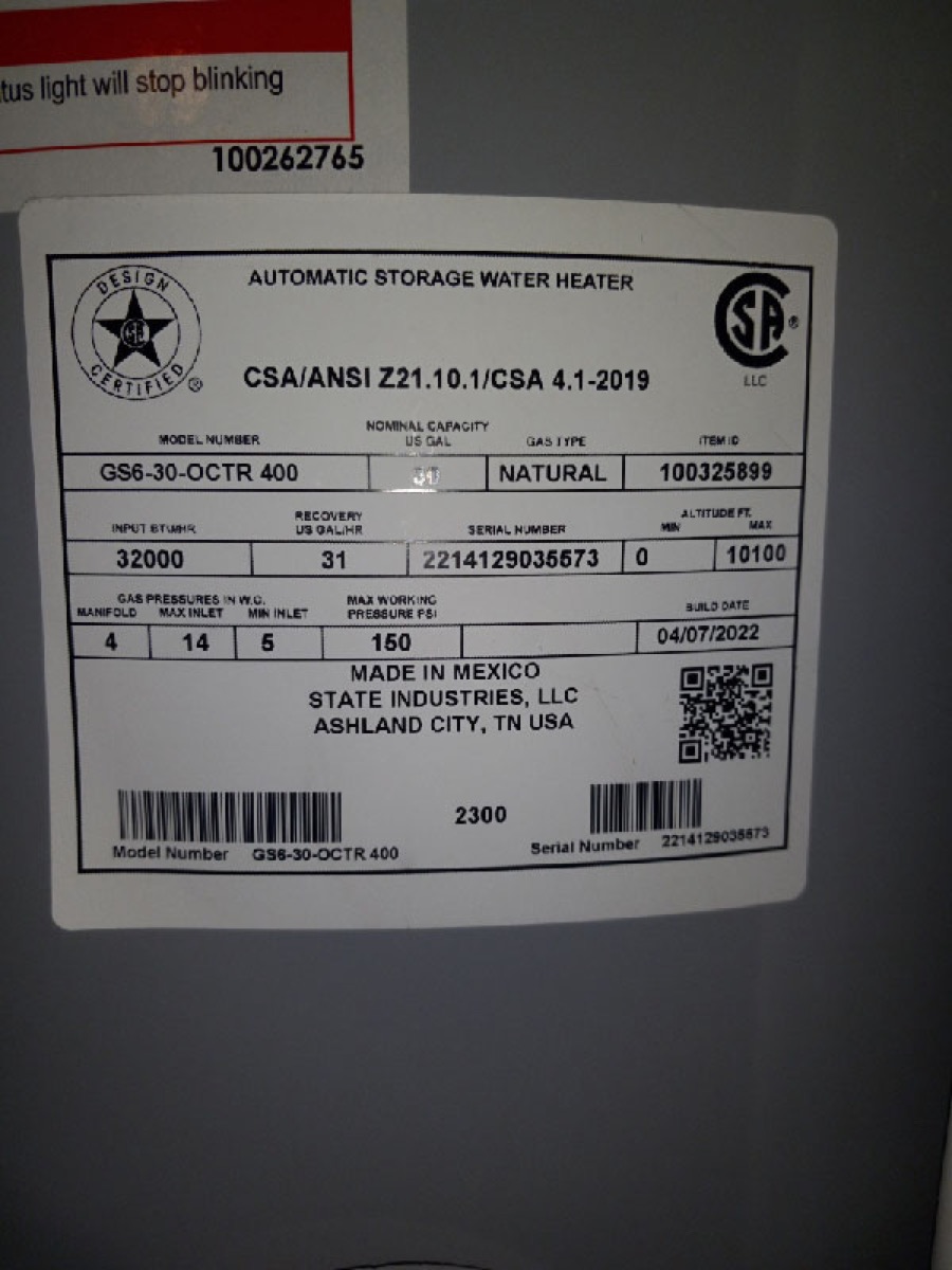 Rating label on a State natural-gas storage water heater
