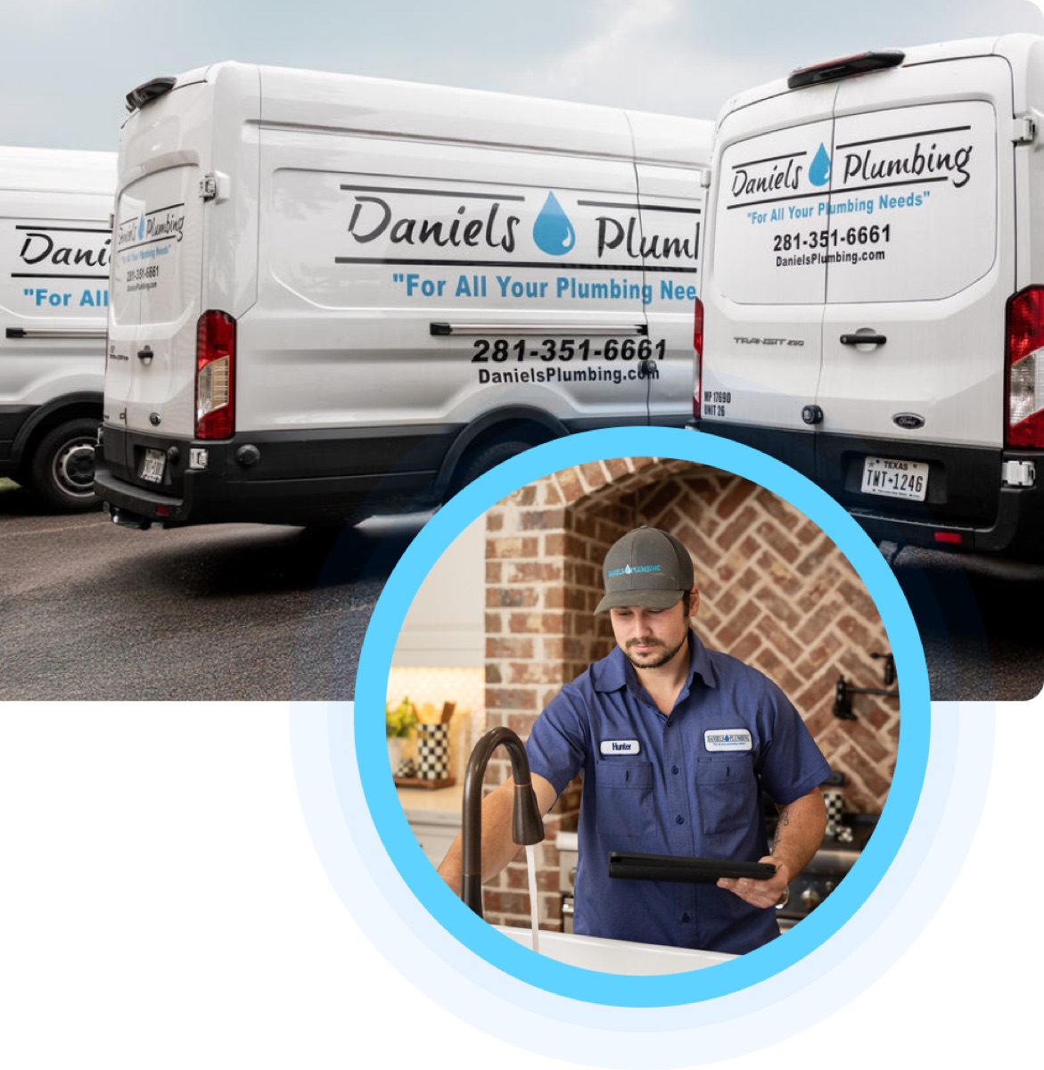 Daniels Plumbing service vans with an inset photo of a technician at work