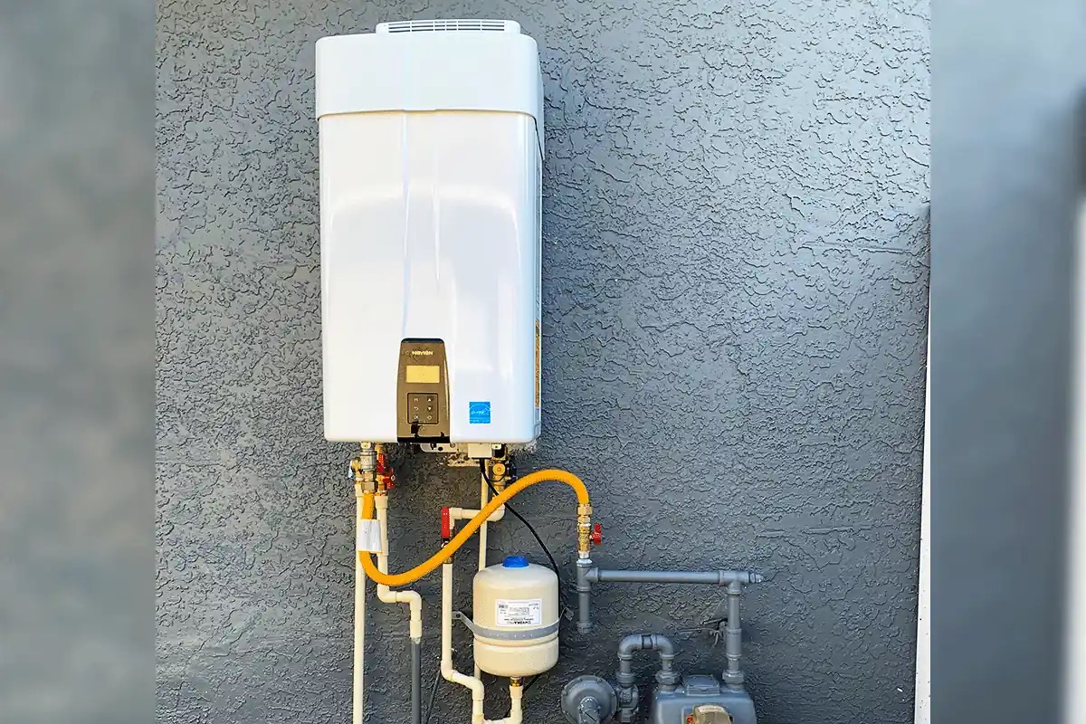 Tankless water heater installed on the exterior of a Tampa Bay home