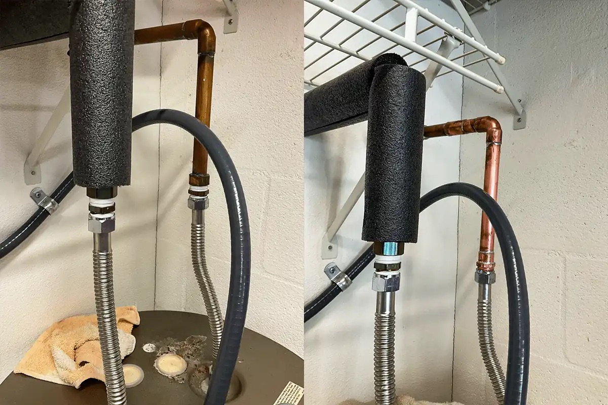 Licensed technician connecting a new gas water heater in a Tampa Bay home