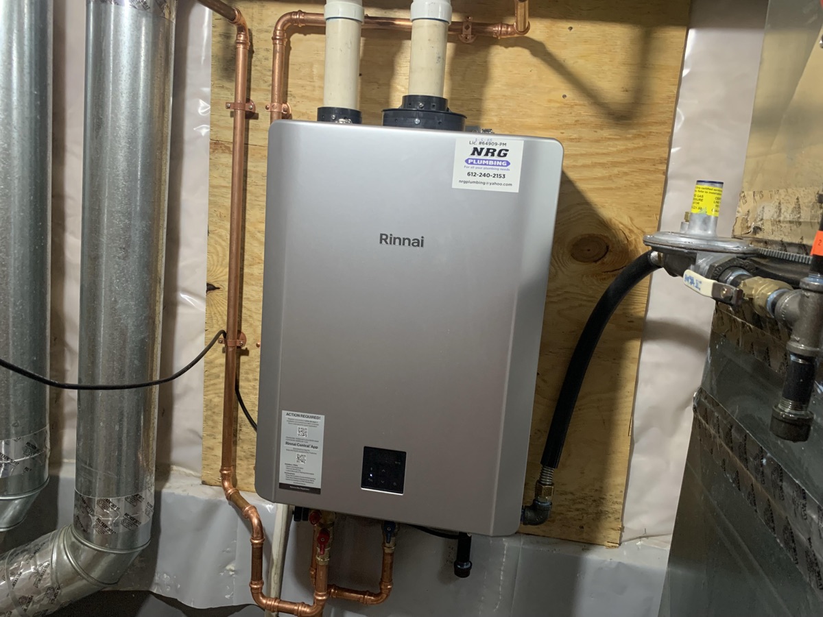 Wall-mounted Rinnai tankless water heater with new copper piping