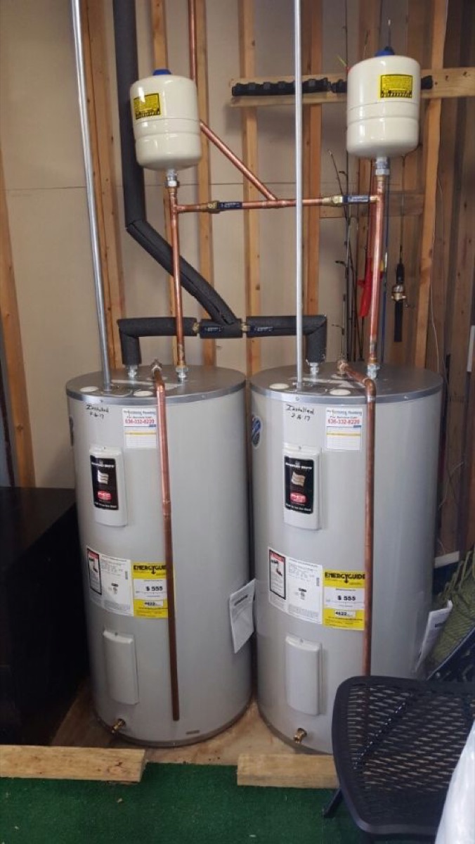 Conversion from one water heater to two electric tank water heaters with expansion tanks