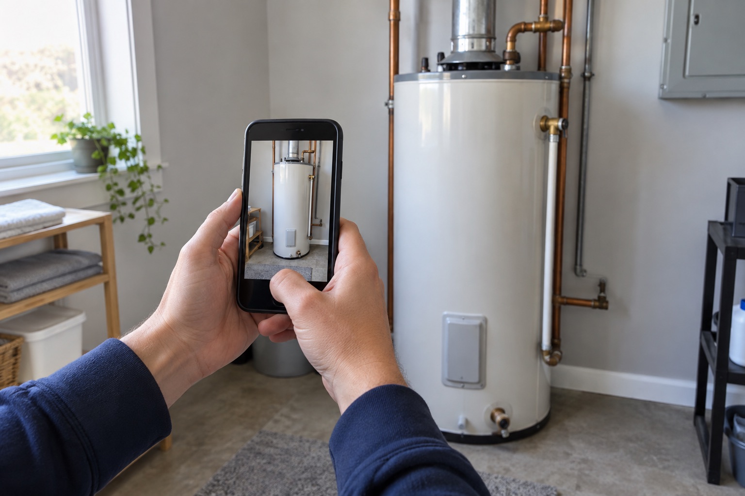 Illustration of a homeowner photographing a water heater with a phone