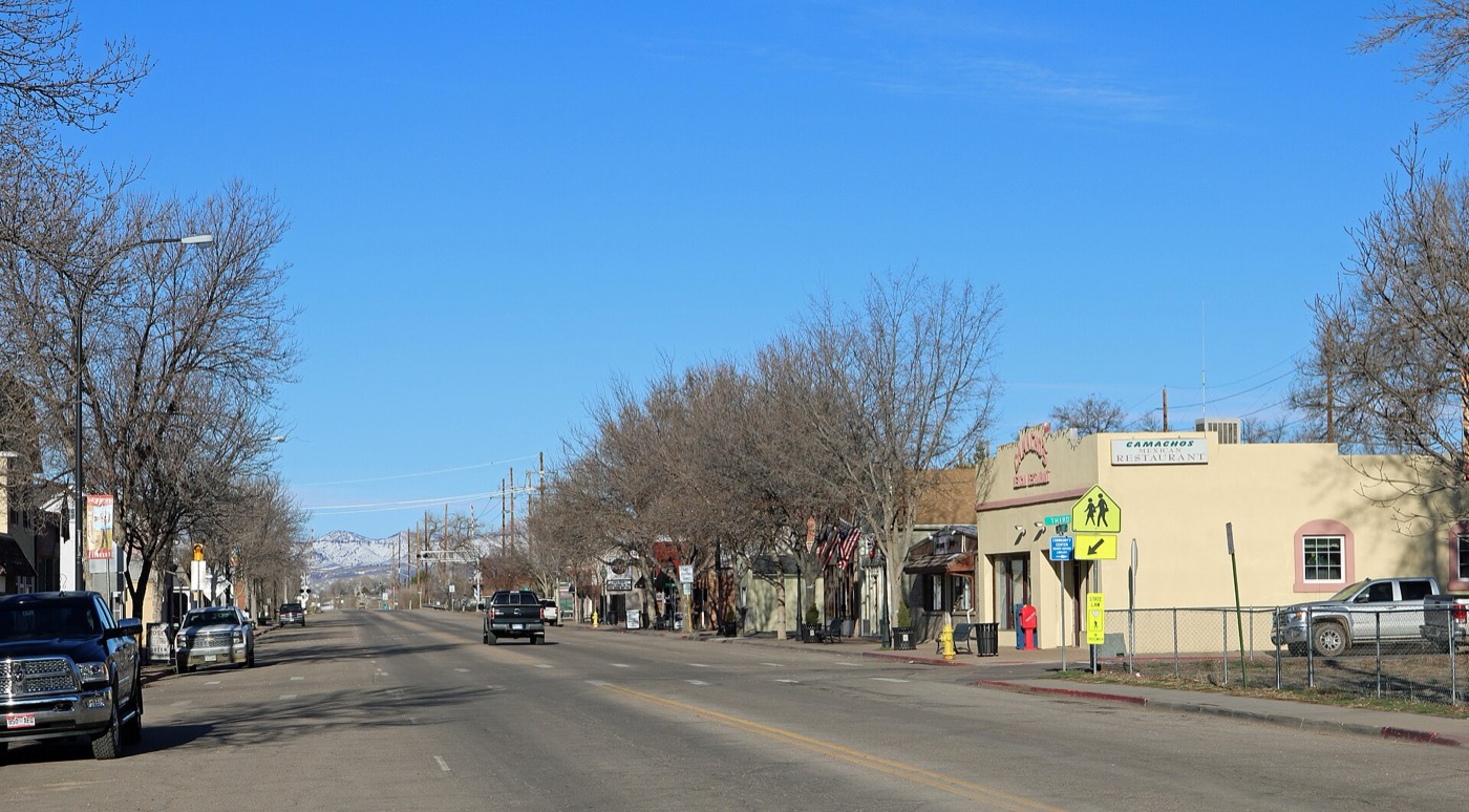 Looking west along Cleveland Avenue, the main street of Wellington, Colorado