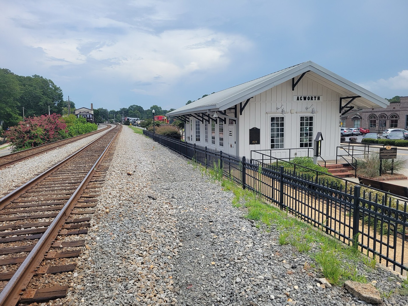 The historic Acworth Depot building beside the railroad in Acworth, Georgia