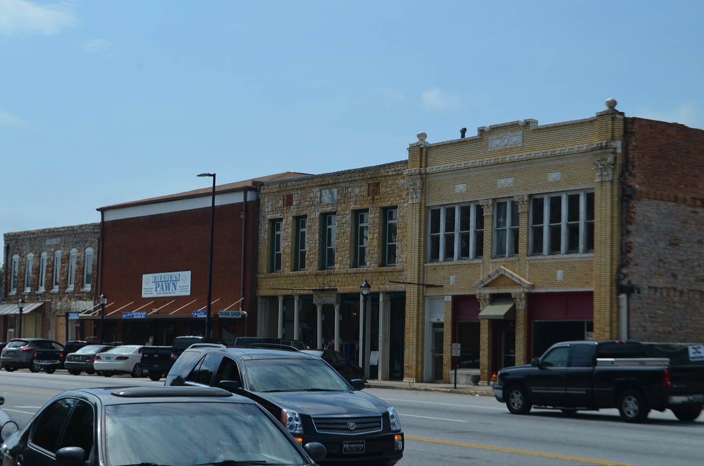 Historic commercial buildings along Broad Street in downtown Fairburn, Georgia