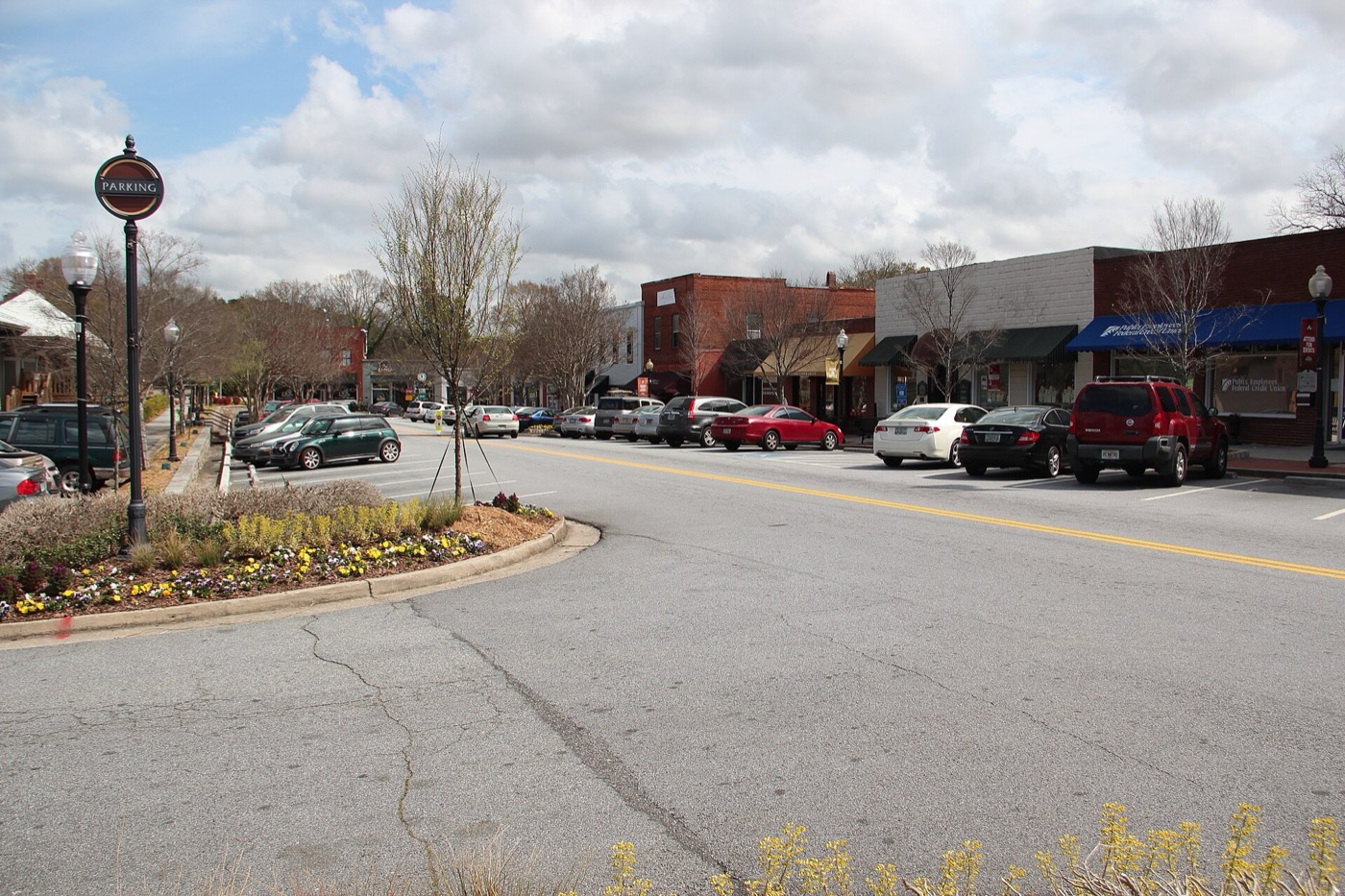 Historic storefronts along a street in downtown Norcross, Georgia
