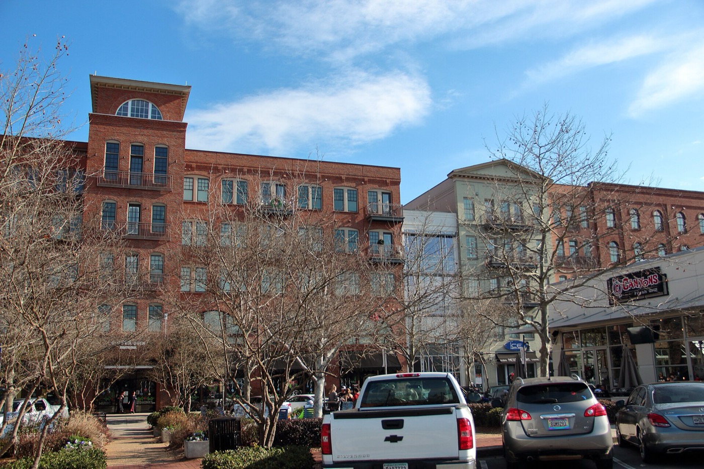 Main street storefronts in downtown Woodstock, Georgia in December