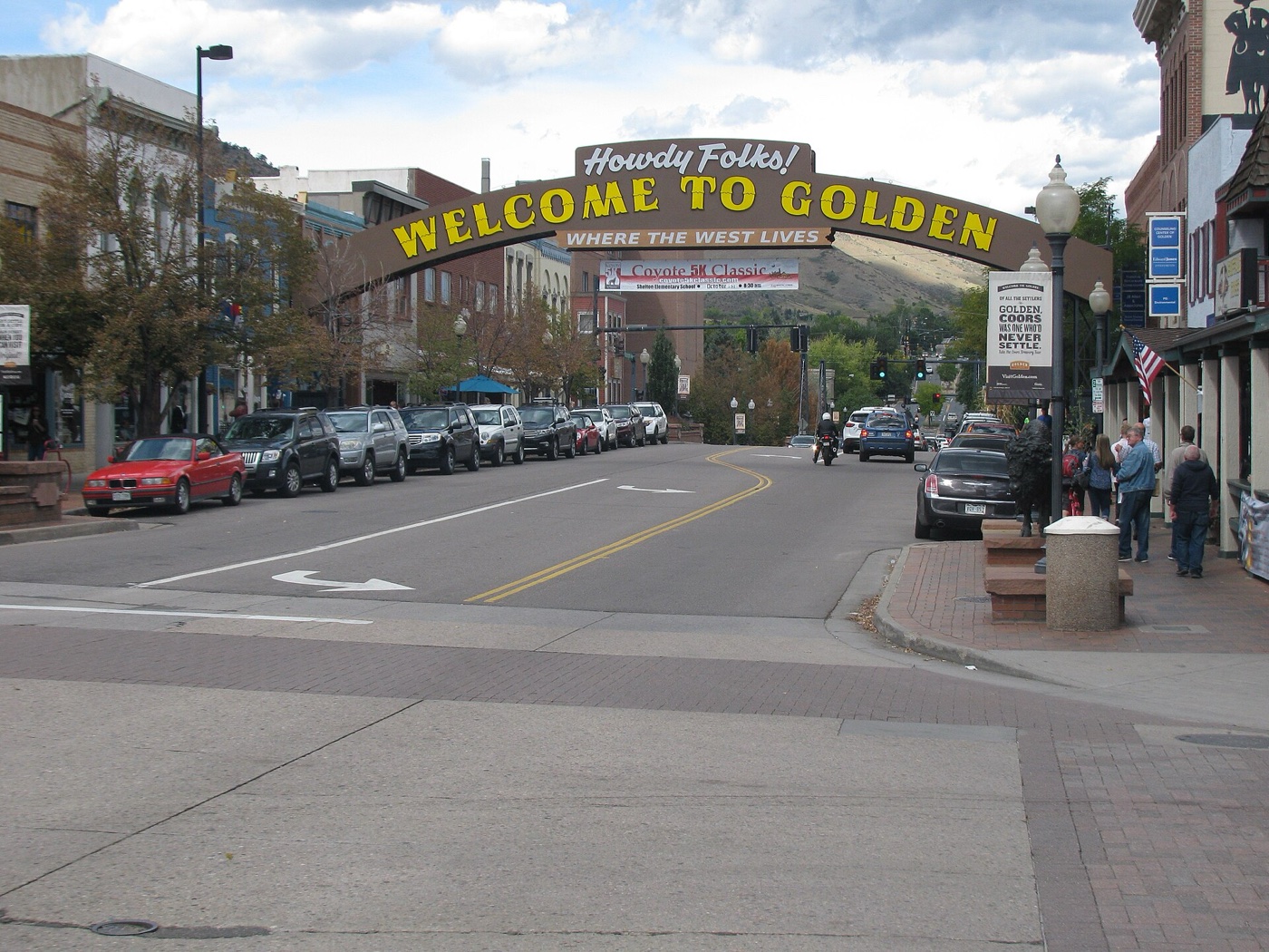 The Welcome to Golden arch spanning Washington Street in downtown Golden