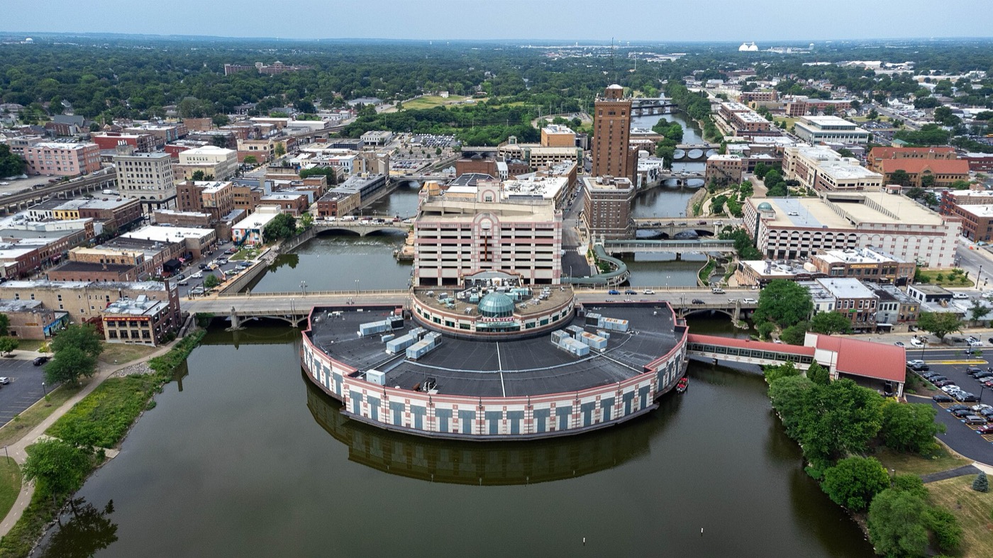Downtown Aurora skyline with buildings along the Fox River