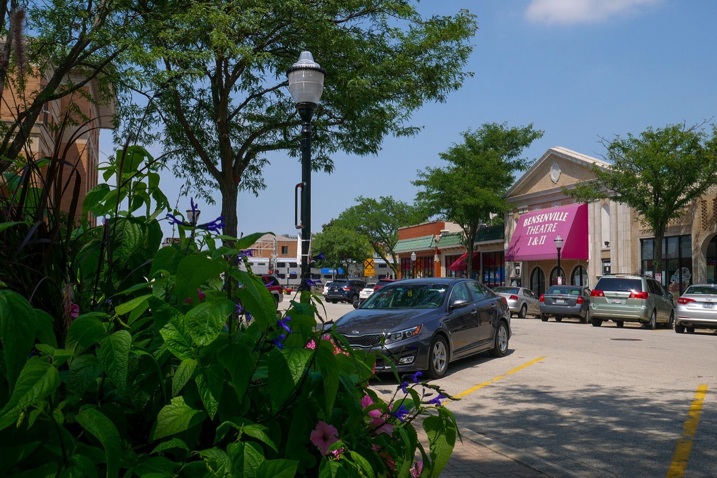 South Center Street in downtown Bensenville with the Bensenville Theatre and Village Hall