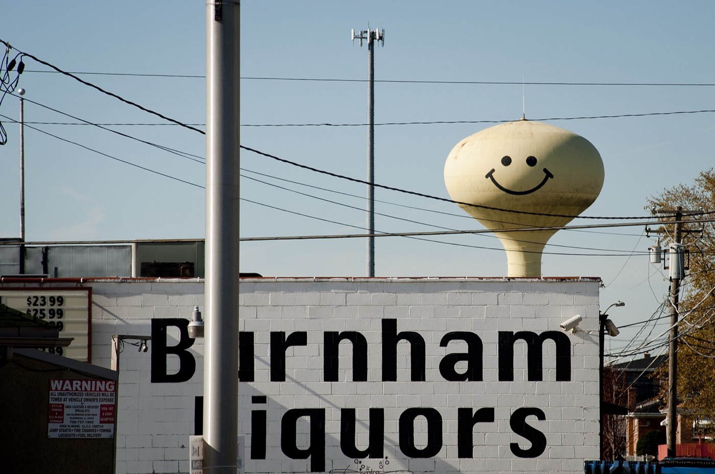 Water tower painted with a smiley face in Calumet City, Illinois