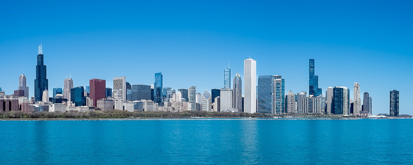 Chicago downtown skyline seen across the water in spring