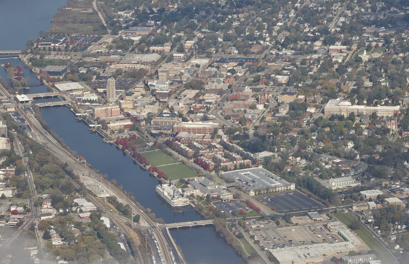 Aerial view of downtown Elgin and the Fox River
