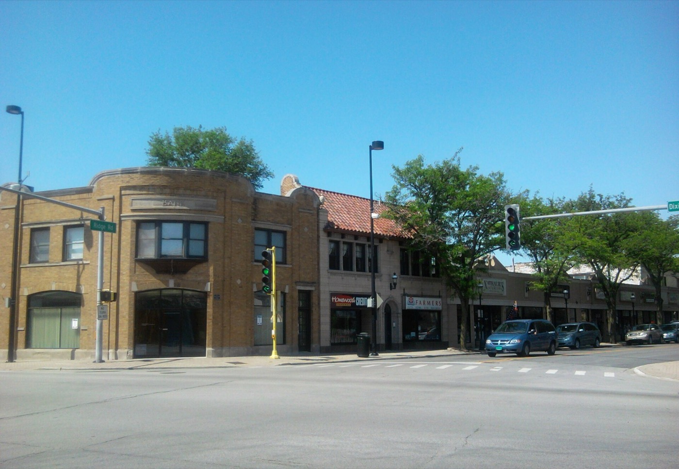Brick storefront buildings along Ridge Road in downtown Homewood
