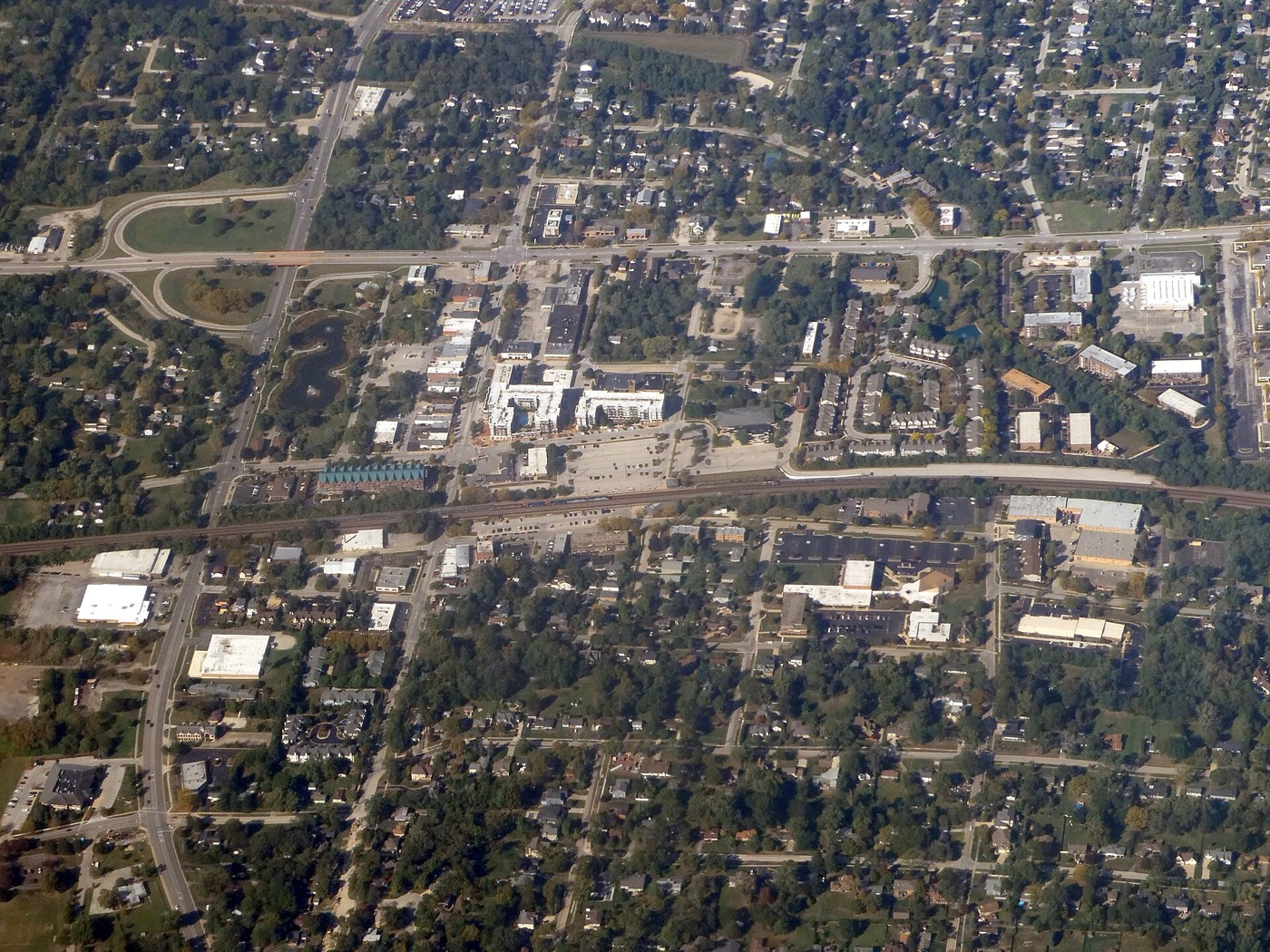Aerial view of Lisle neighborhoods and streets in autumn