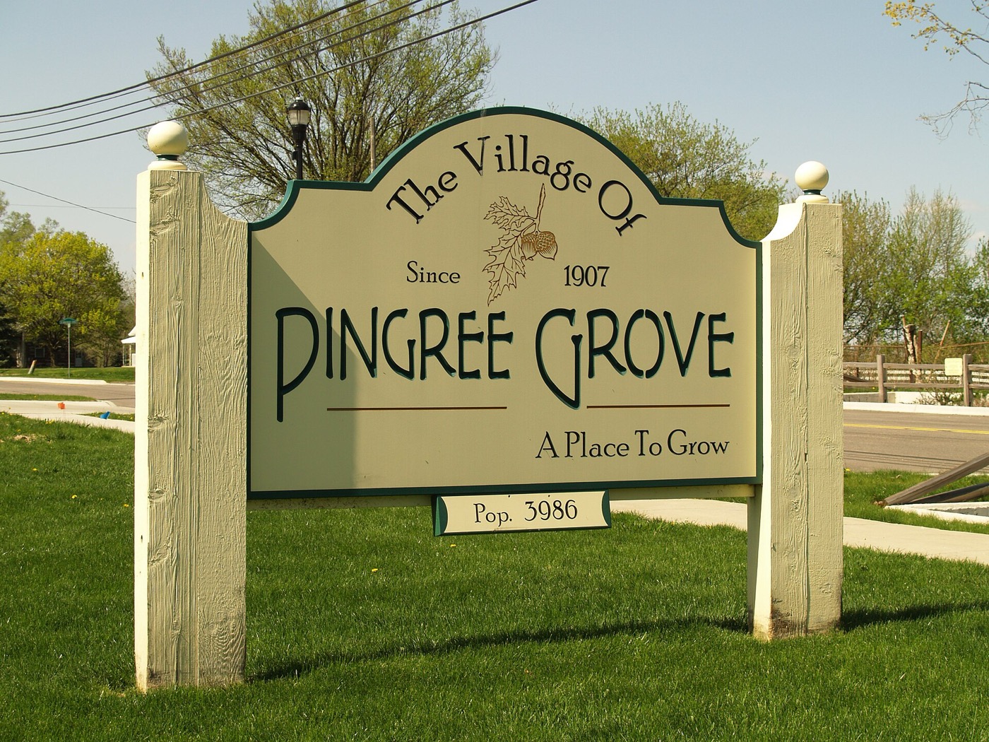 The Pingree Grove village sign seen from Reinking Road
