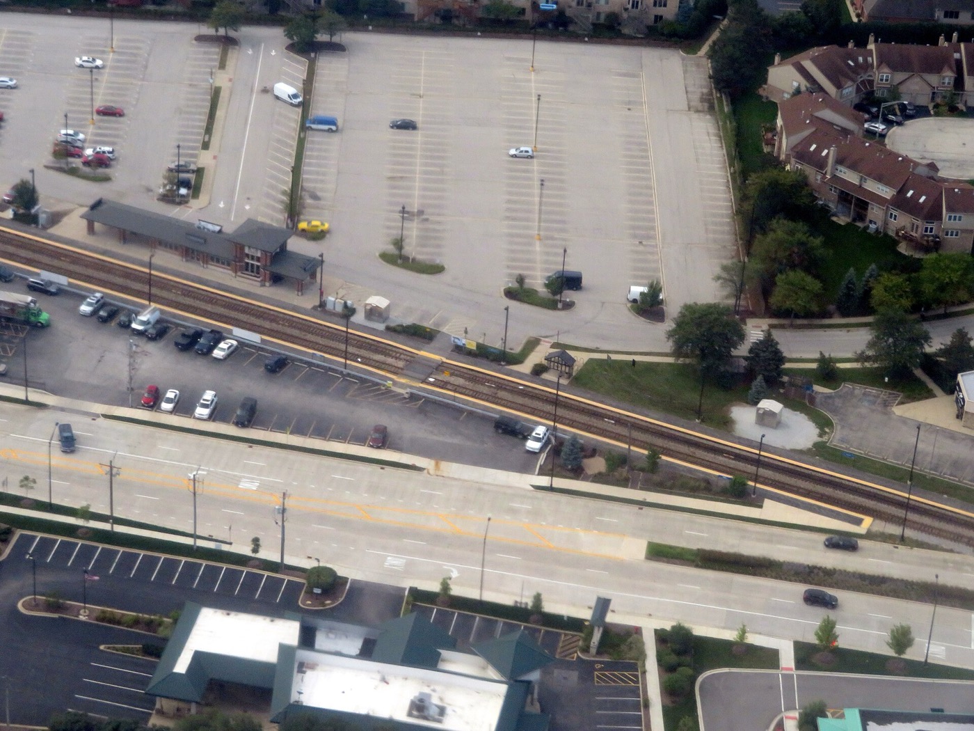 Aerial view of the Wood Dale Metra station and surrounding streets