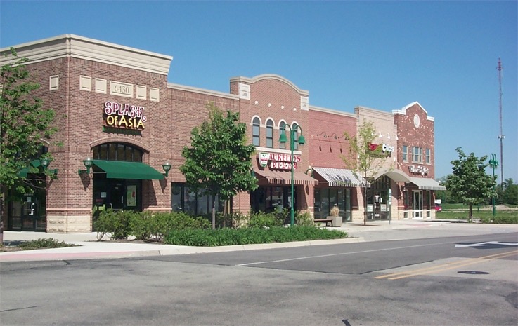 A commercial stretch of Main Street in Woodridge, Illinois