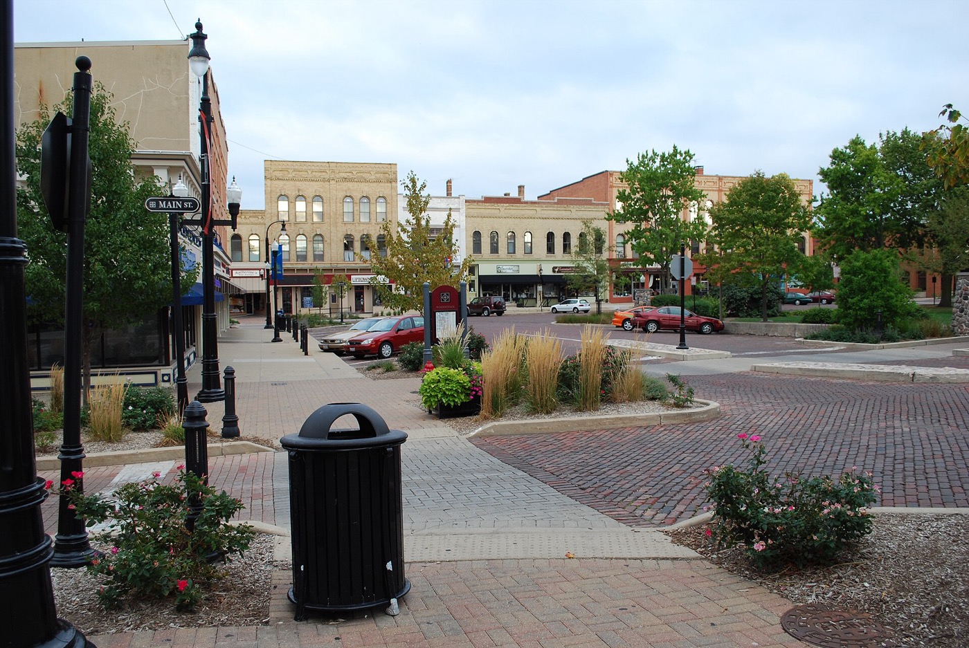 Historic storefronts around the Woodstock Square in Woodstock, Illinois