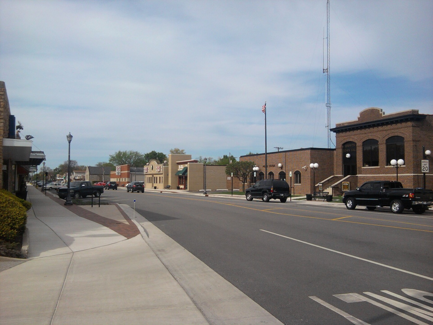 Broad street and brick buildings in downtown Griffith, Indiana