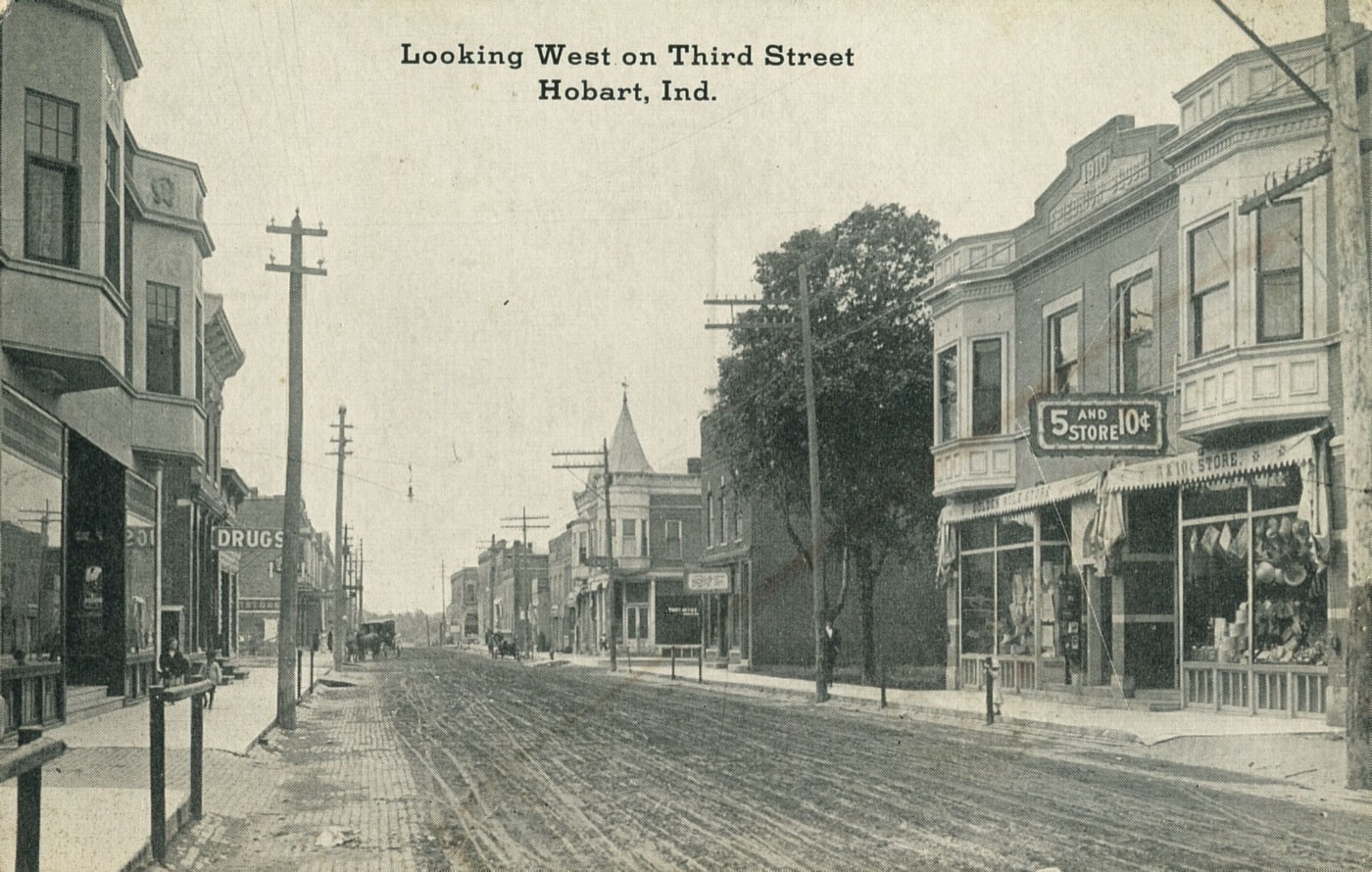 Historic postcard view looking west on Third Street in Hobart
