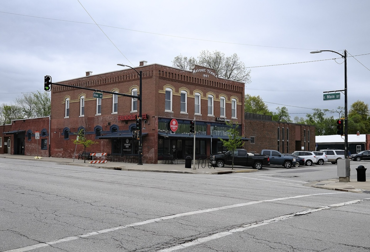 Two-story brick commercial building at the corner of Main and Elm streets in downtown Gardner, Kansas