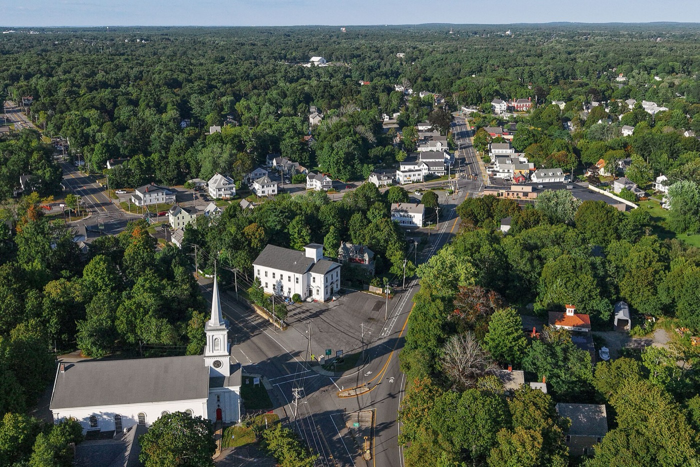 Aerial view of central Abington, Massachusetts, with houses among trees
