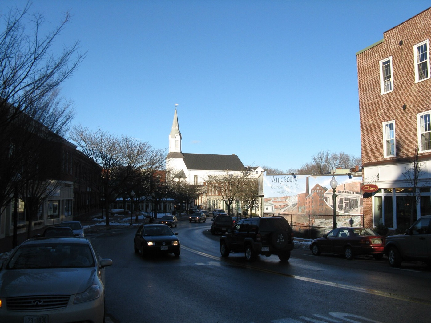 Historic brick buildings along Main Street in downtown Amesbury