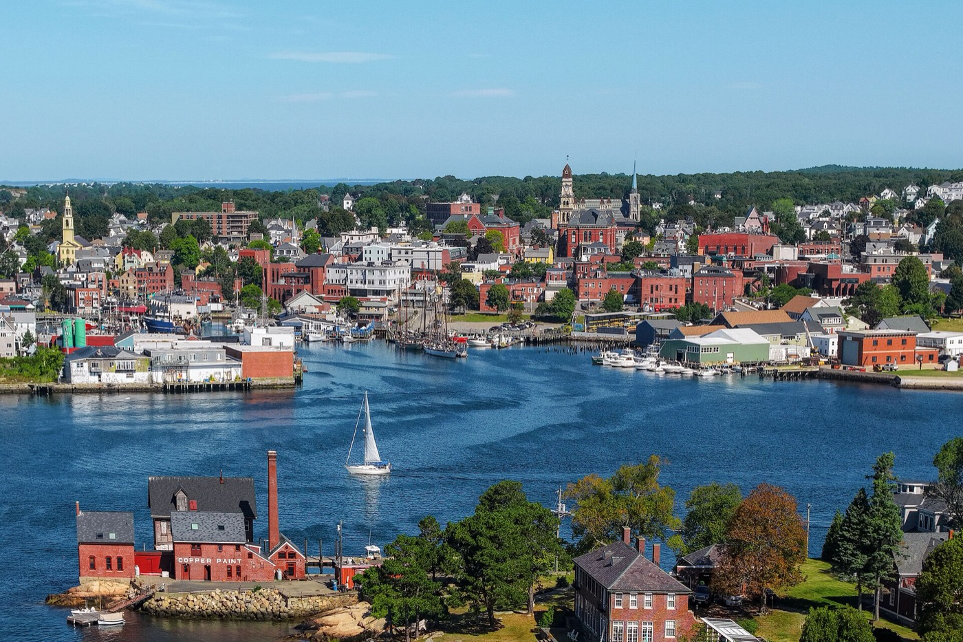 Aerial view of Gloucester, Massachusetts and its working harbor