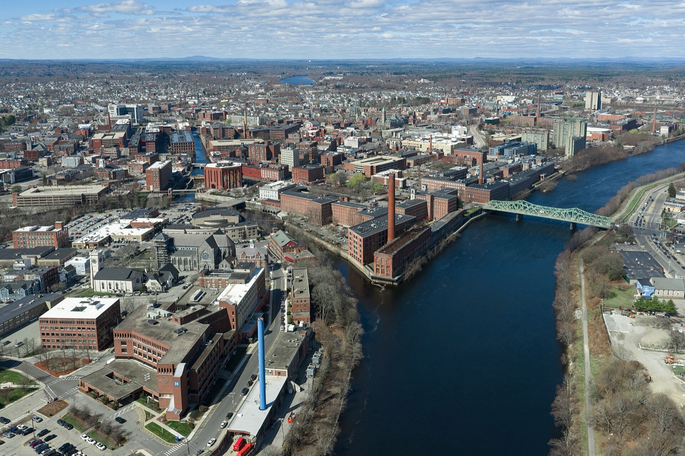 Aerial view of downtown Lowell, Massachusetts and its mill buildings