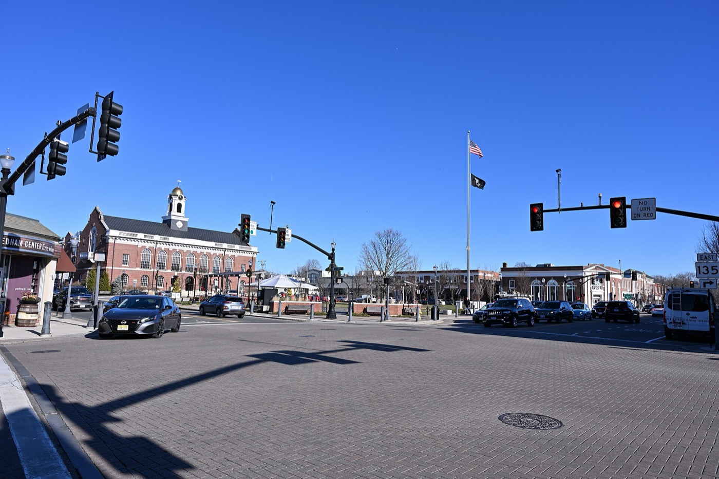 Needham Center with the town hall at left