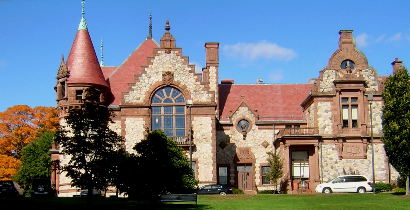 Wellesley's stone town hall set among trees