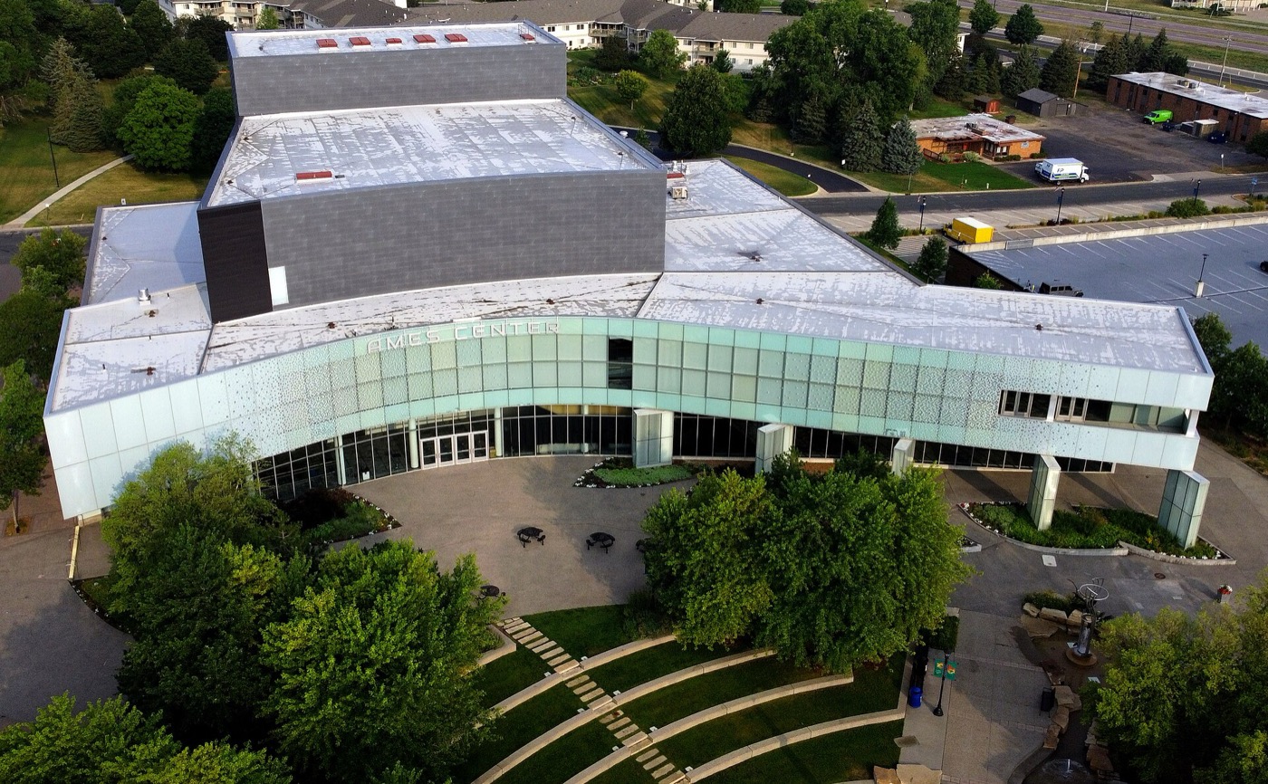 Aerial view of the Ames Center performing arts building and surrounding downtown Burnsville