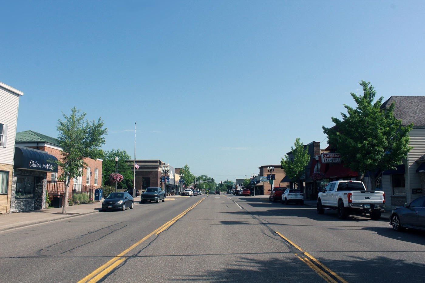 Storefronts along Main Street in downtown Cambridge, Minnesota