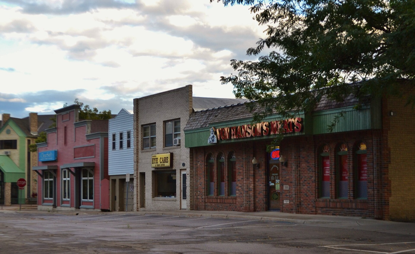 Historic brick commercial buildings in downtown Chaska's Walnut Street district
