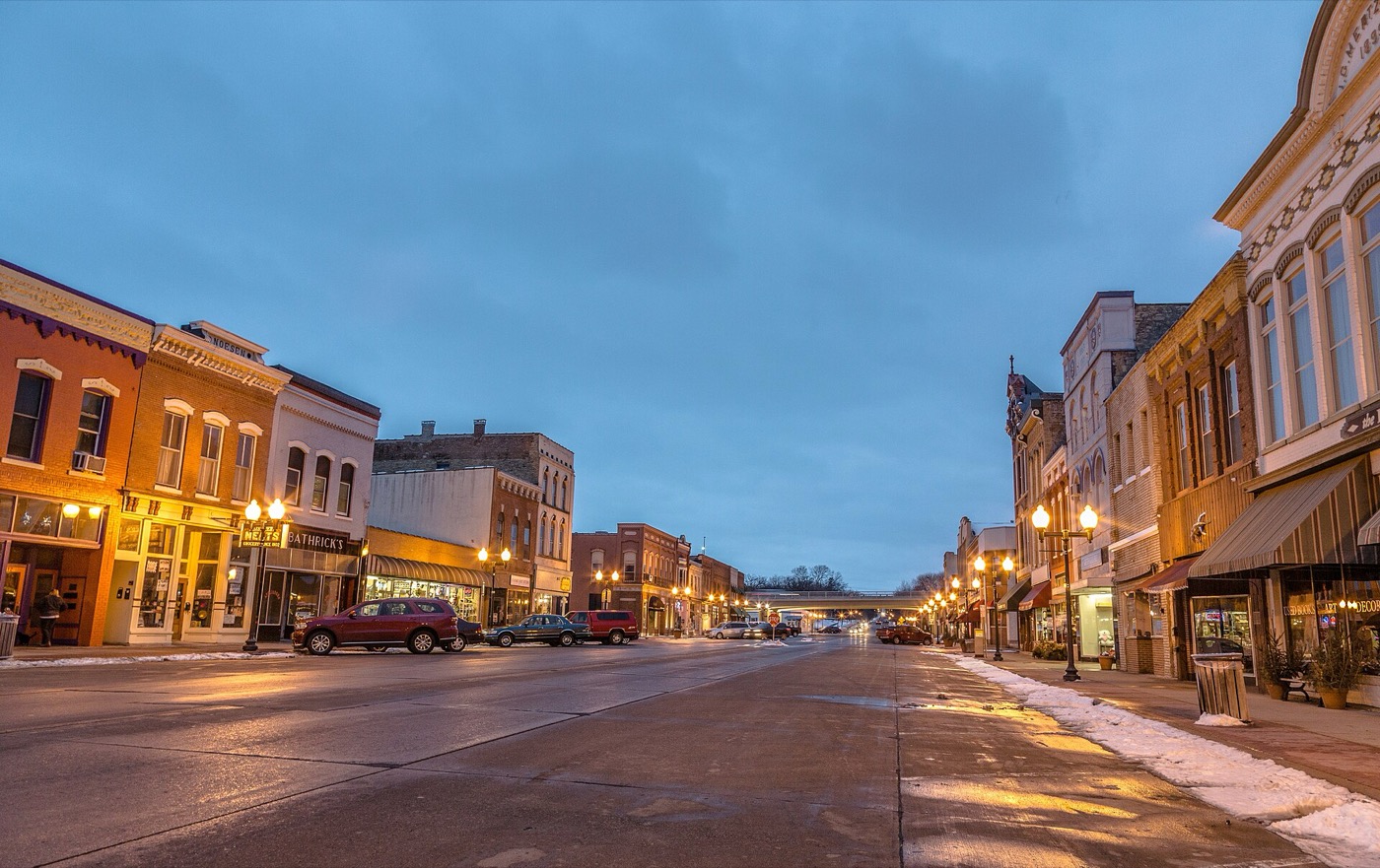 Historic brick storefronts along 2nd Street East in downtown Hastings, Minnesota