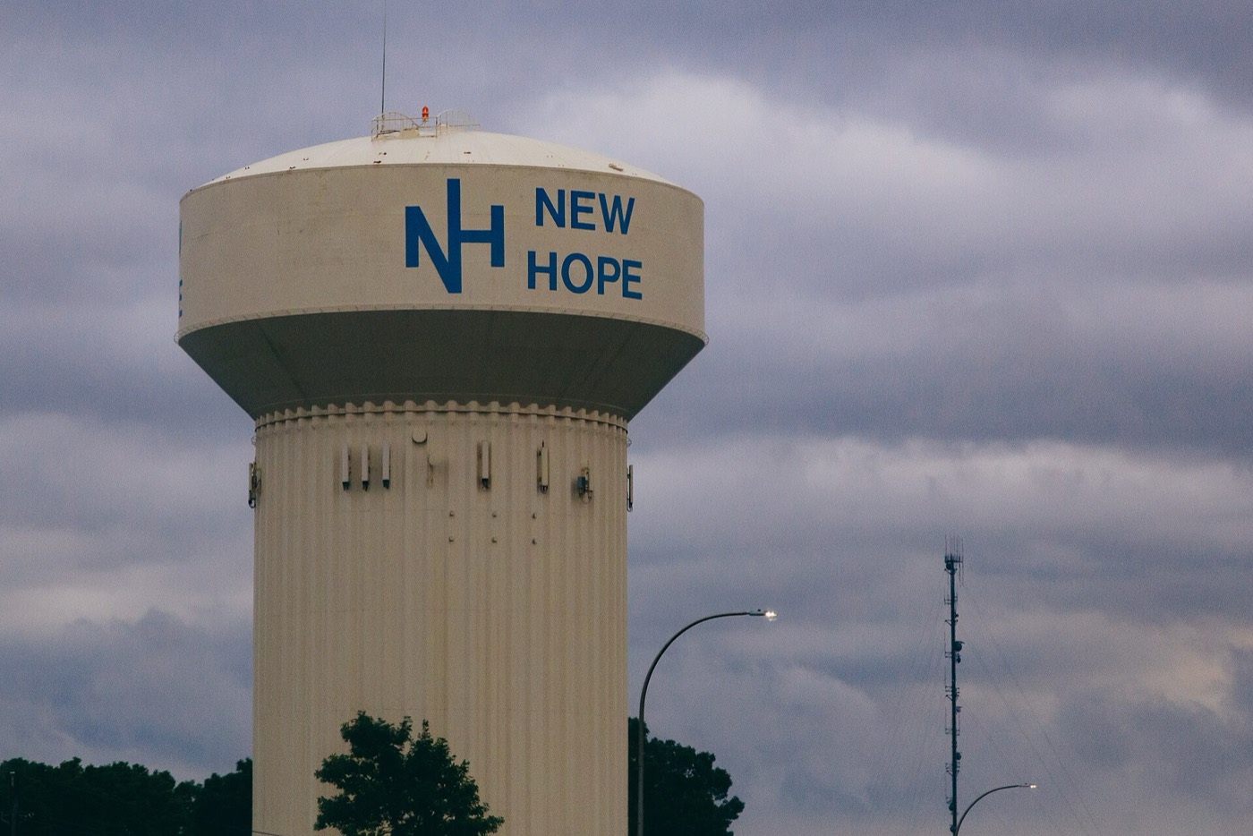 The New Hope, Minnesota water tower against the sky