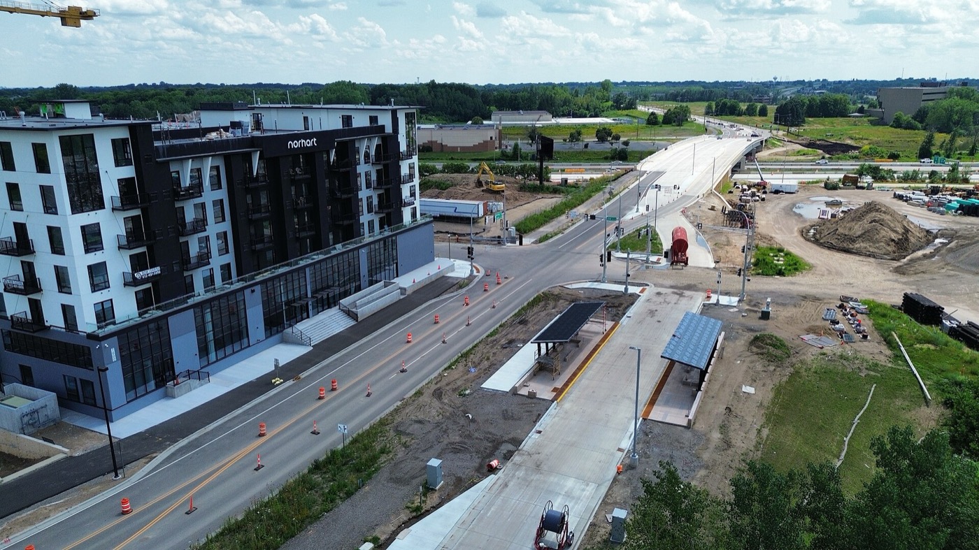 Helmo Avenue bus rapid transit station and the new bridge over I-94 in Oakdale