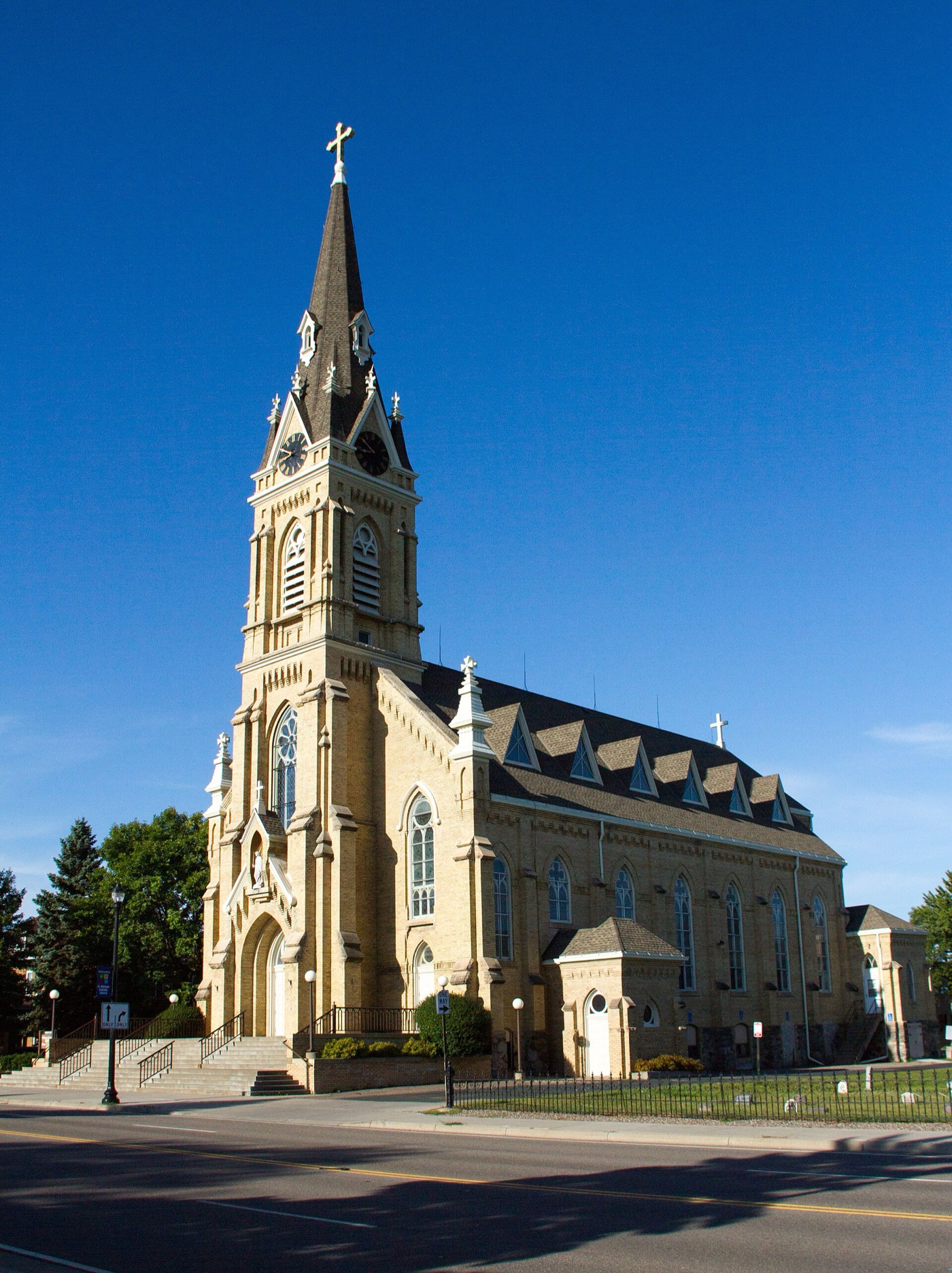Historic Church of St. Michael with tall steeple in St. Michael, Minnesota