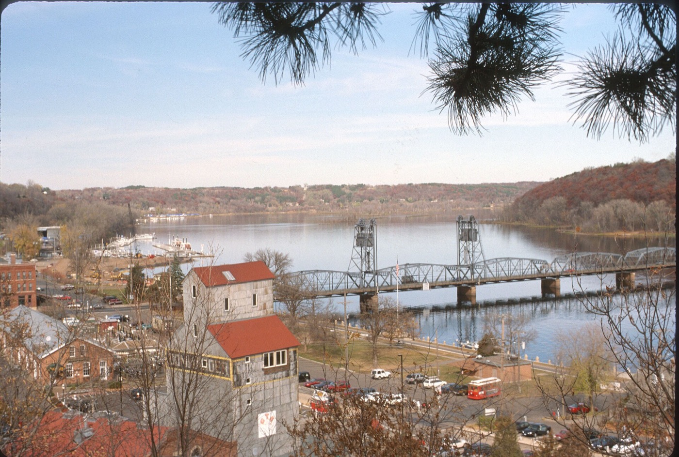 Aerial view of the Stillwater Lift Bridge over the St. Croix River and the Commander Building in downtown Stillwater