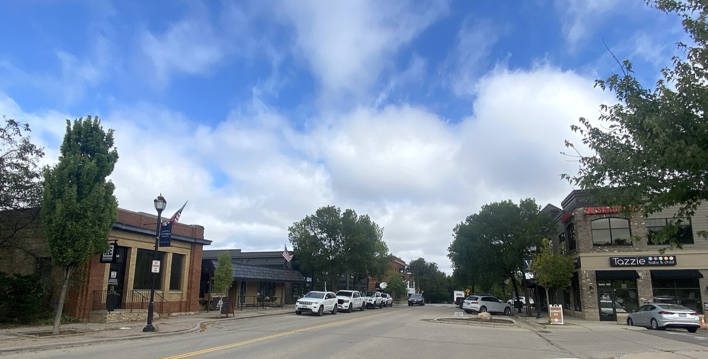 Row of small businesses along Victoria Drive in downtown Victoria, Minnesota