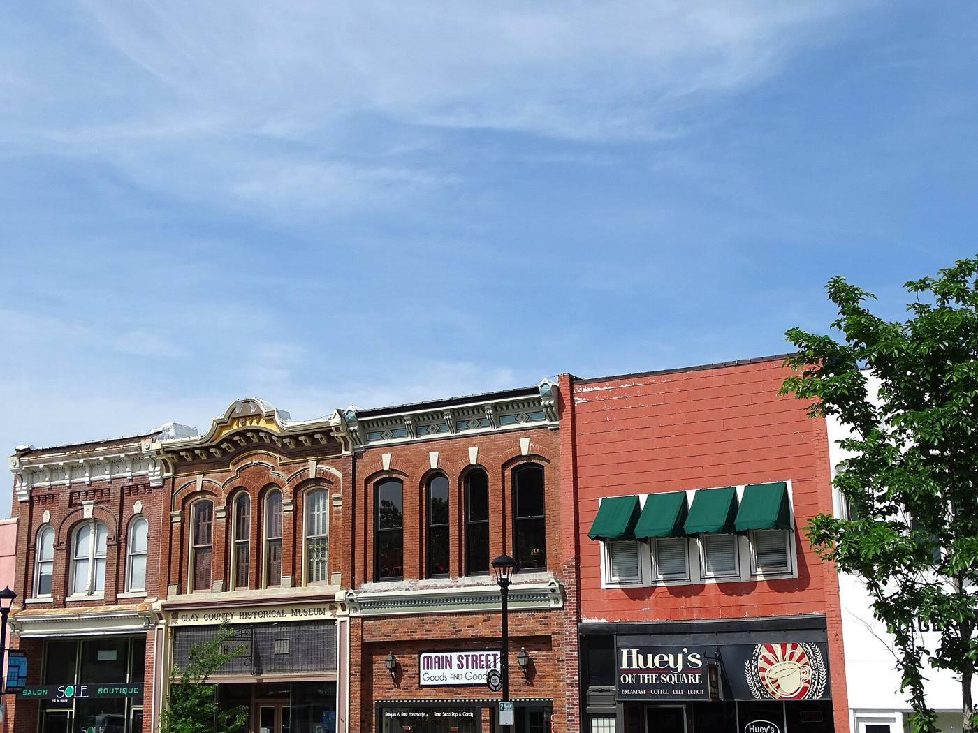 Historic brick commercial buildings on the courthouse square in Liberty, Missouri