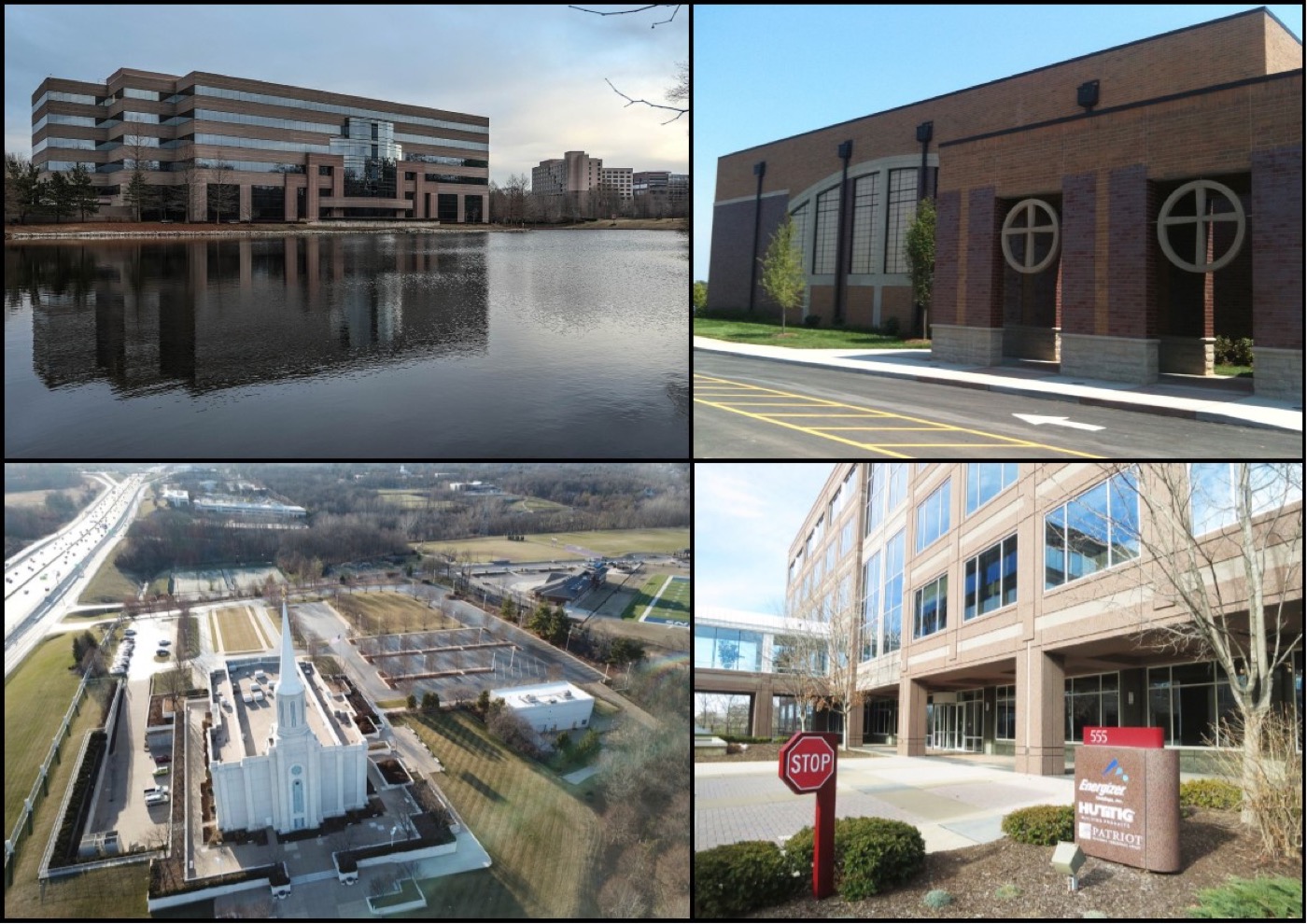 Collage of office buildings, a church and the St. Louis Missouri Temple in Town and Country, Missouri