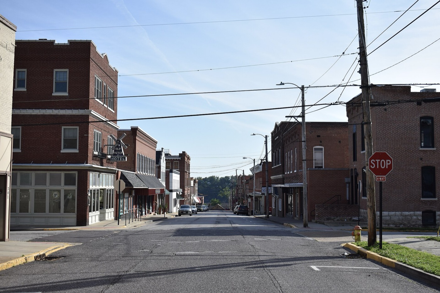 Historic brick buildings along Elm Street in downtown Washington, Missouri
