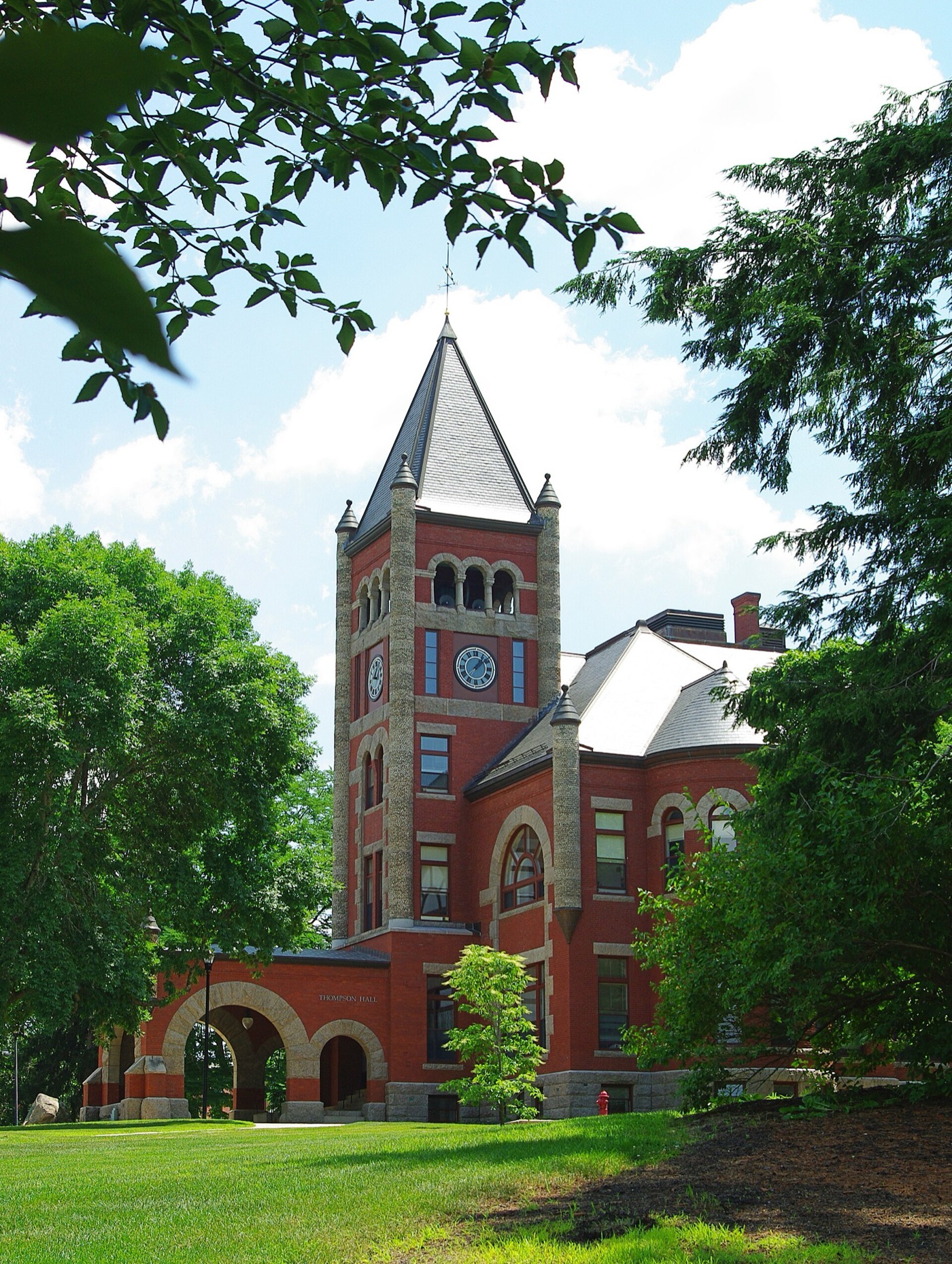 Thompson Hall, a brick building with a clock tower on the UNH campus in Durham